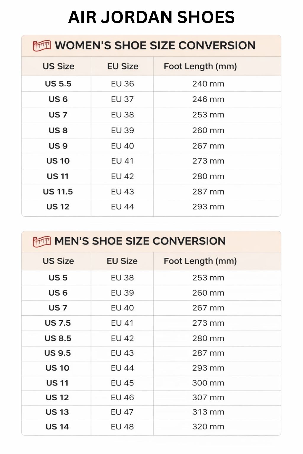 Air Jordan High Low Top Shoes Size Chart - Evangelion AU Store
